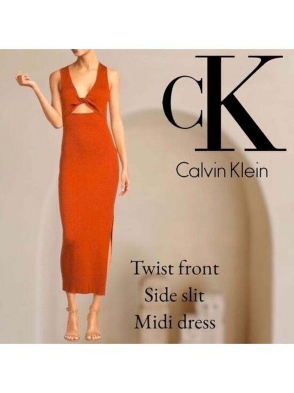 CALVIN KLEIN Twist-Front -Cut-Out Side Slit Sleeveless Fitted Midi Dress-Lg/NWT